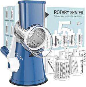 Cambom Rotary Cheese Grater Hand Crank Cheese Shredder for Fresh Cheese, Vegetable, Nuts, Non-slip Suction Base,Five Blades, Deep Blue