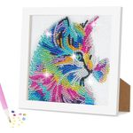 AUAUY 5D Diamond Painting Kit for Kids, Art Crafts Kits with Wooden Frame, Cartoon Diamond Art Easy Kits, Anime Diamond Painting Full Drill Diamond Art Gem Painting for Girls, Boys, Beginners (Cat)