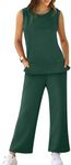 XIEERDUO Women's Plus 2 Piece Summer Outfits 2 Pc Spring Lounge Sets Sleeveless Crewneck Wide Leg Tracksuit Casual Clothing Green 3XL