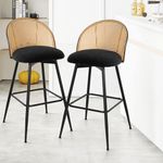 Bekrvio Swivel Bar Stools Set of 2, Mid Century Modern 29" Bar Chairs with Rattan Back and Metal Legs, Upholstered Boucle Fabric Barstools Island Stools for Kitchen Counter, Home Bar, Black