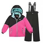 SMONTY Girls Snow Suit for Kids Ski Jacket and Pants Set Straps Windproof Waterproof Warm Winter Coats (Grey Pink, 14-16 Years)