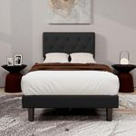 alazyhome Upholstered Platform Twin Size Bed Frame with Adjustable Button Tufting Headboard Wooden Slats Support No Noise Easy Assembly Black Linen