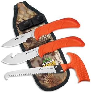 OUTDOOR EDGE WildGuide 4-Piece Hunting Knife Set & Field Dressing Kit | Featuring Razor-Sharp Caping Knife, Gut-Hook Skinning Knife, Bone Saw, in a Camo Nylon Belt Sheath | Butcher Knife Set for Deer