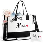 Mrs Bride Wedding Christmas Gifts, Can-vas Tote Bag for Women, Bridal Shower Bridesmaid Gifts, Miss to Mrs, Bride to be Gifts, Bride Bag w Makeup Bag Side Pocket Shoulder Strap Gift Box Card