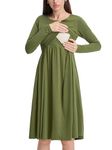 Liu & Qu Women's Maternity Nursing Dress Long Sleeve Round Neck Breastfeeding Clothes with Pockets Pregnancy Dresses, Army Green, Small