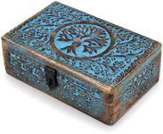 BHAVATU Handmade Jewelry Box Blue Mango Wood Engraved Tree of Life Hand Carved for Women Men | Home Decor | Decorative Boxes