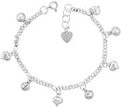 Sterling Silver Dangling Hearts and Jingle Bells Charm Charm Bracelet for Women 12mm drop fits 7-8 inch wrists