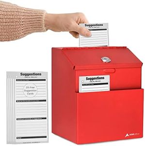 Adir Suggestion Box with Slot and Lock with 25 Comment Cards and Label Stickers, Wall Mounted Metal Donation Box for Fundraising, Tip Cash Drop Box for Money, Ballot Box Red