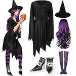 Toulite 5 Pcs Halloween Witch Costume for Women Wig Outfit Striped Tights Cap Shoes for Adult Halloween Cosplay Part