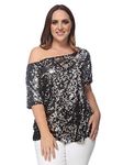 ANNA-KACI Women's Plus Size Sequin Sexy One Shoulder Short Sleeve Holiday Top, Black and Silver, XX-Large