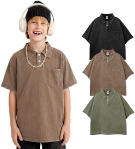 Yimoon Boys Polo Shirt Kids Oversized T Shirts Cotton Acid Wash Golf Shirts with Chest Pocket(BlackKhakiArmy-11-12Y)