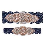 Wedding Garters for Bride, 2 Piece Blue Lace Bridal Garter, Crystal Rhinestone Leg Garter Set Bridal Accessories for Wedding, Navy-rose Gold, L:20-21IN