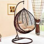 City Outdoor Furniture Single Seater Iron Frame Swing Chair With Stand&Cushion&Hook Outdoor Indoor|Balcony Garden Hanging Jhula Patio Swing For Adults(Brown,Beige Cushion)(Rattan),104 Cm,55 Cm