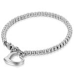 JewelryWe Women's Silver Stainless Steel Polished Heart Charm Bead Bracelet Adjustable