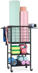 ETELI Yoga Mat Storage Rack Home Gym Workout Equipment Storage Cart with Hooks Wheels Small Metal Weight Rack for Dumbbells, Kettlebells, Foam Rollers, Resistance Bands, Yoga Block