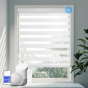 COOLWINDS Motorized Zebra Blinds for Windows Cordless Electric Curtains with Remote Control Blackout Shades Custom Smart Blinds Compatible with Alexa Google Home(Light Filtering White,Customize Size)