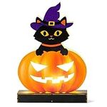 WATINC Wooden Halloween Tabletop Decoration, Indoor Pumpkin Lights, Jack O Lanterns Light Centerpiece, Outdoor Black Cat Sit on Pumpkins with Wizard Hat Happy Halloween Trick or Treat Party Decor