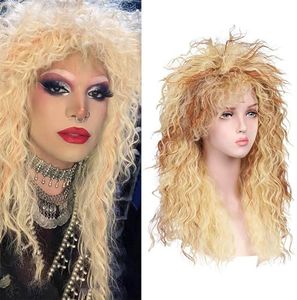 QUEENTAS 70s Wigs for Women Heavy Metal Rocker Mullet Wig 80s Long Curly Costume Anime Hair Wig (Blonde Mix Orange)