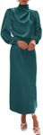 BTFBM Women's Mock Neck Satin Dress Elegant Long Sleeve Elastic High Waist Formal Wedding Cocktail Party Maxi Dresses(Solid Dark Green, Large)