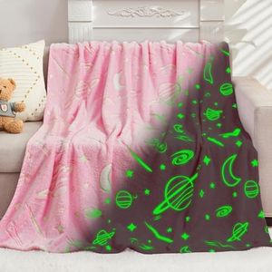 inhand Pink Blanket Girl Room Decor Glow in The Dark Blanket Soft Cute Space Star Moon Galaxy Blanket for Kids Birthday Gifts Planet Toys for 3,4,5,6,7,8,9,10,11,12 Years Old (50''x60'' Pink)