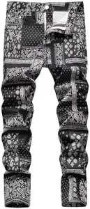 Classlong Men's Casual Printed Slim Fit Jeans Skinny Denim Pants (Black Pattern,28)