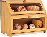 Double Layer Large Bread Box for Kitchen Countertop,Wooden Large Capacity Bread Storage Bin,Bamboo Farmhouse Style Bread Storage Container with Clear Window,Self-Assembly