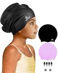 Reymand 2 Pack Kids Extra Large Swimming Cap for Long Thick Hair, Waterproof Silicone Swimming Hat for Toddler Child Youth Girls Boys, Durable Swim Cap Bathing Caps for Braids, Afros(Black+Purple)