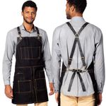 Under NY Sky Cargo Black Apron – Cross-Back with Leather Straps, Heavy-Duty Waxed Canvas and Split-Leg – Adjustable for Men and Women – Pro Woodworker, Mechanic, Blacksmith, Welder, Artist Aprons