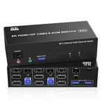 KVM Switch 3 Monitors 2 Computers 8K@60Hz 4K@144Hz, 2 HDMI + DisplayPort USB3.0 KVM Switch Triple Monitor for 2 Computer Share 1000Mbps Ethernet, 3 USB 3.0 Ports, Audio&Microphone, Wired Remote