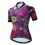 Women Cycling Jersey Short Sleeve Shirt Mountain Bike Top Clothing, Purple Flower, Medium
