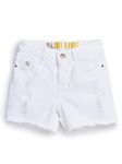 Knit N Knot White Off White Relaxed Fit Mid Waist Ruptured, Torn Fashionable Thigh Length Denim Shorts for Kids Girls with Bottom Fringe