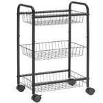 SONGMICS 3-Tier Metal Rolling Cart on Wheels with Baskets, Lockable Utility Trolley with Handles for Kitchen Bathroom Closet, Storage with Removable Shelves, Black UBSC03BK