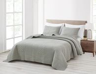 Chezmoi Collection Motley 3-Piece Classic Geometric Patchwork Embroidered Quilt Set - Pre-Washed Cotton Bedspread Coverlet Set, King Size, Gray