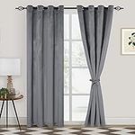 XWZO Velvet Curtains 90 Inches Long, Thermal Insualted Blackout Window Curtains with Grommets, Room Darkening Soundproof Drapes for Bedroom, Living Room with Tiebacks, Grey, W52 x L90, 2 Panels