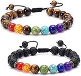 Techson 7 Chakras Bracelet, Lava Rock and Tiger Eye 8mm Natural Stone Braided Rope Bangle, Essential Oil Diffuser Gemstone Beads Yoga Bracelet (2 Pack)