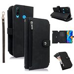 Compatible with Huawei P30 Lite/Nova 4E Wallet Case 9 Card Slots Flip Credit Card Holder Cell Folio Purse Lanyard Wrist Strap Rugged Slot Mobile Phone Cover for Hawaii P30Lite P 30 30Lite Black