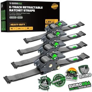 Rhino USA 2”x10’ Retractable E-Track Ratchet Straps: 3,033 Max Break Strength – Perfect for UTV’s, ATV’s and Other Cargo (Gray - 4 Pack)