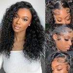 Patvingot 4x4 Deep Wave Lace Front Wigs Human Hair 180% Density HD Transparent Pre Plucked Lace Frontal Wigs Glueless Human Hair Deep Curly Wigs for Black Women with Baby Hair（16inch)