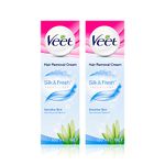 Veet Hair Removal Cream, Legs & Body, Sensitive Skin, 100ml each (pack of 2, 200ml) Dermatologically tested, Smooth skin