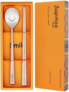 BAPMOO Korean Chopsticks and Spoon Set Combinations Reusable Long Handle Metal Stainless Steel Good for Gift Happy Face & Hangul Characters Engraved Silver