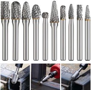Double Cut Tungsten Carbide Burr Set for Rotary Tool, 10Pcs Rotary Carving Bits with 1/8�” Shank and 1/4” Grinding Head for DIY, Woodworking, Engraving, Metal Carving, Drilling, Polishing