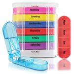 Vive 4 Times a Day Pill Organizer - Weekly Medicine Holder - AM PM Dispenser Case with Splitter Cutter - Portable Daily Vitamin Container - Slim 7 Day Travel Calendar