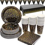 Black and Gold Party Supplies 99 Pieces Golden Dot Party Tableware Includes Paper Plates, Napkins, 9oz Cups, Tablecloth, Banner, for Birthday, Anniversary, Graduation, Cocktail Party, Serves 24