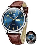 OLEVS Blue Face Mens Watches Brown Leather Watch for Men Large Face Easy Read Men's Wrist Watches Analog Vintage Day Week Men Watches, Reloj Hombre…