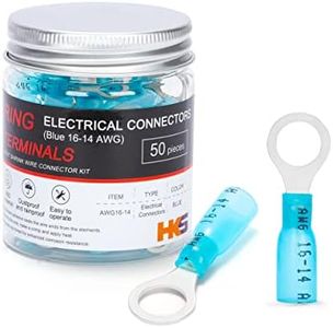 HKS 50 PCS Ring Terminals 5/16" Blue 16-14 AWG - M8 - Electrical Connectors - Heat Shrink Wire Connector Kit - Tinned Red Copper - Automotive Marine Ring Connectors - Waterproof and Insulated
