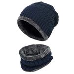 Bureaucrat Beanie Cap Neckwarmer Winter Combo for Men Women Skull Slouchy Winter Woolen Knitted Inside Fur Mens Woollen Caps Muffler Scarf Set-NavyBlue