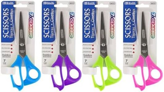 BAZIC Products Stainless Steel Scissors 7", Straight Handle Sharp Scissor Blades, Assorted Color, Cutting Paper Fabric Craft Sewing for School Office, 4-Pack