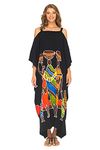 SHU-SHI Womens Kaftan Maxi Dress Cold Shoulder Casual Long Beach Cover Up Plus Size Caftan, Family Black, One Size