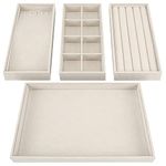 BELLE VOUS 4 Pack of Cream Velvet Stackable Jewellery Organiser Storage Trays - 35.3 x 24.2cm/13.89 x 9.5 Inches - Drawer Display Boxes - Removable Sections for Necklaces, Rings, Bracelets & Earrings