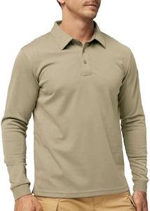 MIER Men's Outdoor Performance Tactical Polo Shirts Short and Long Sleeve, Moisture-Wicking, Khaki02- Long Sleeve, Small